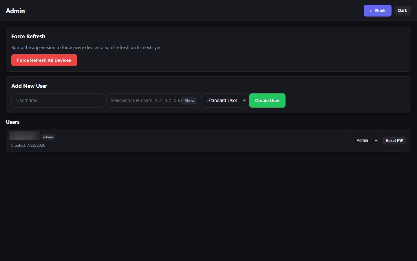 Admin panel — user management and roles