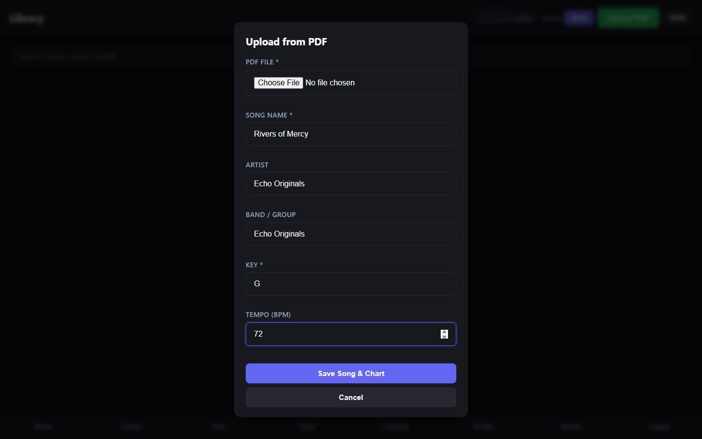 Chord-chart PDF upload with automatic metadata extraction