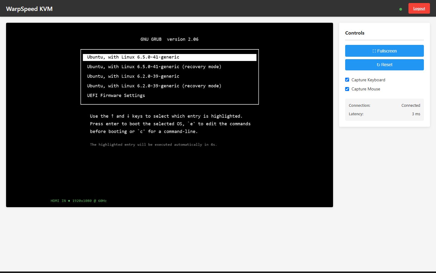 WarpSpeed KVM — systems-level console